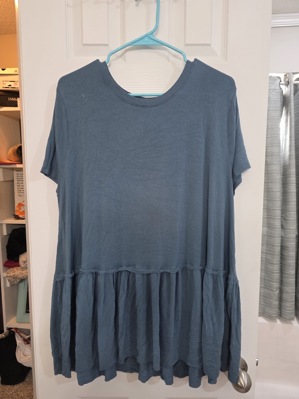 Zenana Outfitters Slate Blue Short Sleeve Ruffle-Hem Tunic